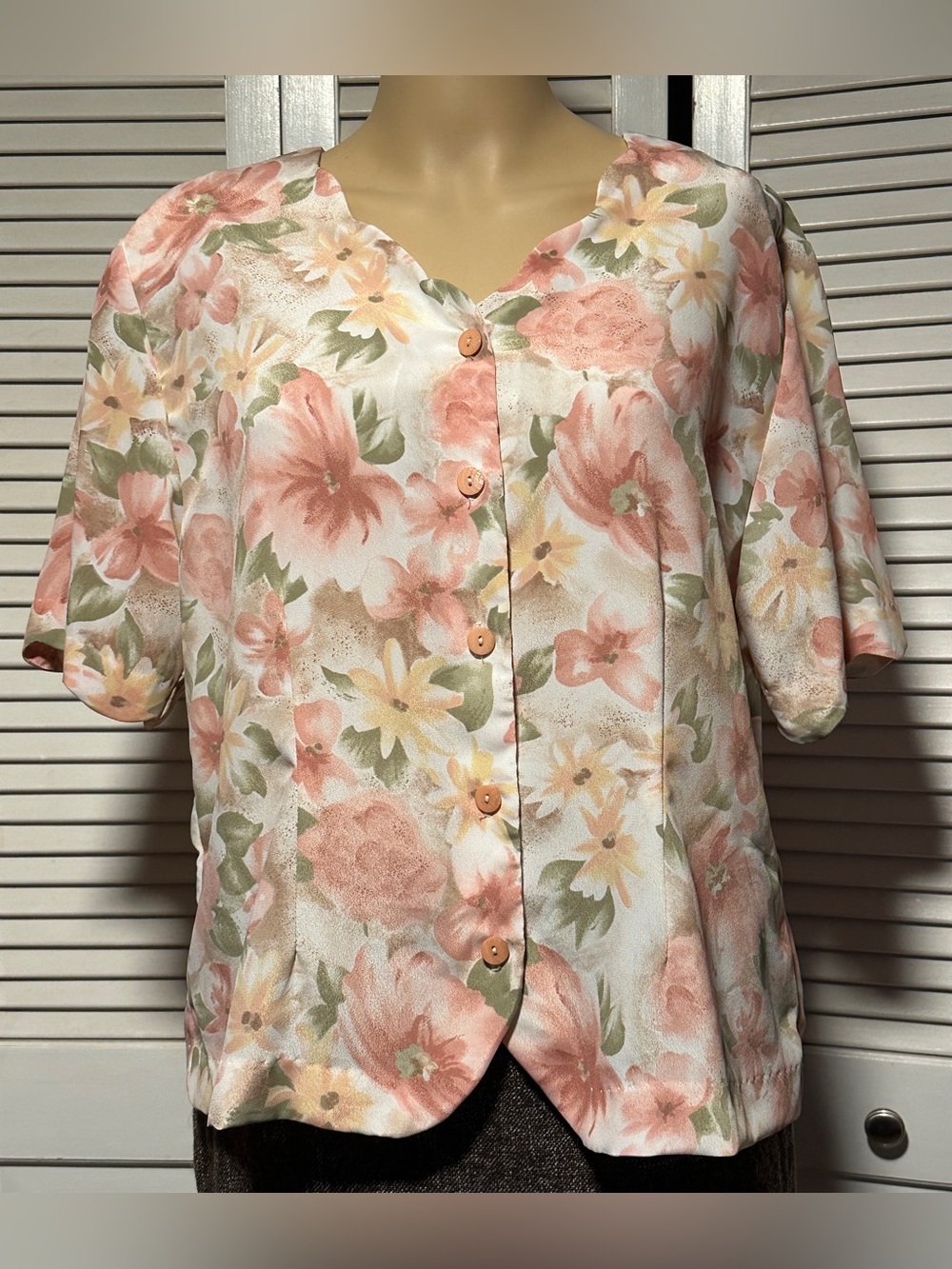 Jantzen Floral Short Sleeve Button Up Blouse Pink White Women’s L